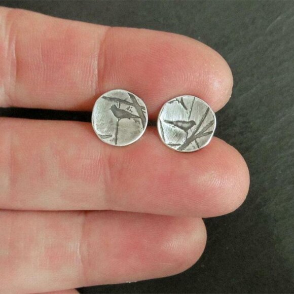 Bird & Tree Sterling Silver Stud Earrings Womens Handmade Argentium Silver - Picture 5 of 5